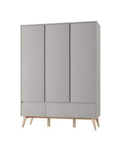 Armoire enfant 3 portes Swing de Pinio – grande capacité de rangement – finition gris taupe et bois massif – mobilier durable pour chambre enfant
