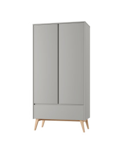 Armoire enfant 2 portes 1 tiroir Swing de Pinio – coloris gris taupe et pieds en bois massif naturel – mobilier de rangement chambre bébé