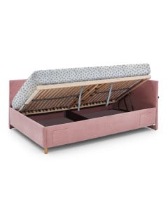 Banquette lit double rose avec grand coffre de rangement et matelas relevé