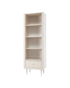 Meuble bibliothèque Petite Lune Pinio, coloris champagne, colonne ouverte avec étagères et tiroir bas, poignées rondes dorées