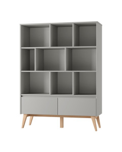 Bibliothèque étagère enfant basse Swing Pinio en bois naturel et gris taupe avec rangements ouverts et tiroirs
