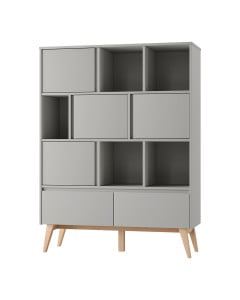bibliothèque enfant évolutive bois massif et gris taupe Swing Pinio avec rangements fermés et ouverts