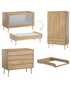 Chambre bébé évolutive complète Bosque Vox Oak en bois, style rétro-scandinave, disponible chez le Jurassien