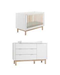 Pack lit bébé et meuble à langer Miloo de Pinio coloris blanc et bois naturel