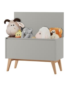 Coffre de rangement pour chambre enfant en bois gris taupe et hêtre naturel – collection Swing de Pinio