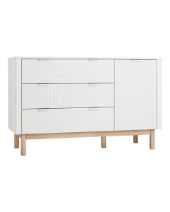 Meuble de rangement Miloo Pinio blanc et bois avec façades striées, trois tiroirs et une porte pour chambre bébé