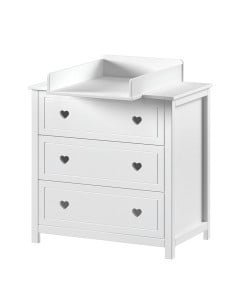 Commode à langer cœur Amori blanche en bois massif, style romantique, 3 tiroirs. Disponible chez Jurassien, marque Jaxx.