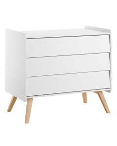 Commode 3 tiroirs de la collection Vintage Vox, finition blanche avec pieds en bois massif de chêne, au design épuré et fonctionnel
