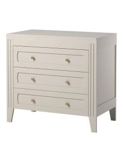 Commode Milenne beige sable avec trois tiroirs et poignées dorées, offrant un design élégant et pratique pour une chambre bébé moderne - marque Vox - Jurassien.