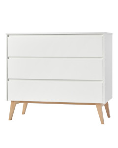 Commode 3 tiroirs blanche et bois de la collection Swing, au design épuré et pieds inclinés style scandinave