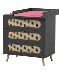 Commode à langer Canne Vox noir en bois et rotin - 3 tiroirs, style vintage - Disponible chez Jurassien