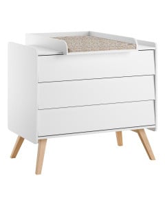 Commode à langer de la collection Vintage Vox, finition blanche avec pieds en bois massif de chêne, équipée d’un plan à langer amovible