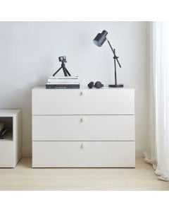 Commode 3 tiroirs RELI avec poignées blanches – Design moderne et rangement fonctionnel, marque Vox