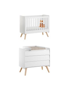 Pack duo chambre bébé Vintage blanche – lit 60x120 cm avec commode à langer assortie