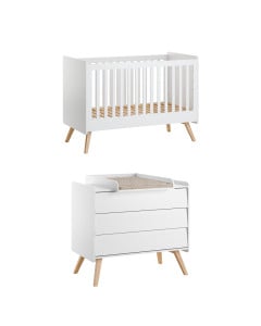 Pack chambre bébé Vintage blanc – lit 70x140 cm et commode à langer avec pieds en bois style scandinave
