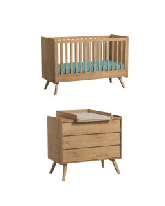 Pack duo chambre bébé avec lit 70x140 cm et commode à langer collection Vintage de la marque Vox, finition chêne en bois massif et panneau