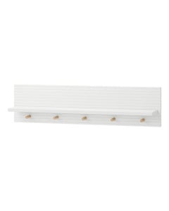 Étagère murale Miloo Pinio blanche avec façades striées et cinq patères en bois naturel pour chambre bébé ou enfant