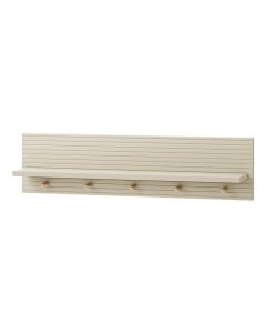Étagère murale Miloo Pinio coloris champagne avec cinq patères en bois pour chambre d’enfant, design moderne et fonctionnel