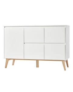 Grande commode blanche et bois Swing avec 4 tiroirs et 1 porte – mobilier de rangement design pour chambre bébé ou enfant