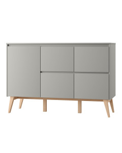 Commode pour chambre d'enfant large Swing grise et bois avec 4 tiroirs et 1 porte – vue de face – collection Pinio