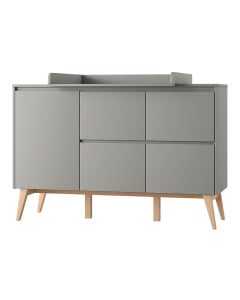 commode à langer évolutive Swing Pinio en bois massif naturel et gris taupe – meuble de rangement bébé avec plan à langer amovible