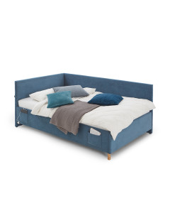 Lit banquette 140x200 Meise Cool en tissu côtelé bleu avec poches et ports USB intégrés