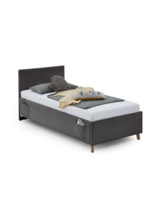 Lit une place rembourré pour ado ou enfant, coloris gris foncé et pieds bois