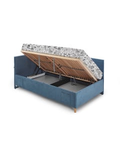Banquette lit coffre bleu 90x200 tissu côtelé pour enfant avec rangement ouvert