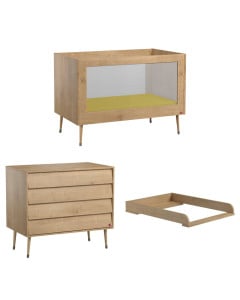 Lit bébé avec commode à langer Bosque Vox, chêne, rétro scandinave, en stock chez Jurassien, Vox meuble bébé.