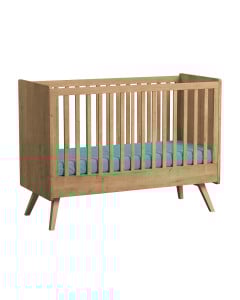 Lit bébé évolutif 70x140 cm en bois de la collection Vintage Vox, finition chêne en bois massif et panneau, avec matelas bleu turquoise