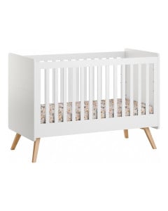 Lit bébé 70x140 cm de la collection Vintage Vox, finition blanche avec pieds en bois massif de chêne, idéal pour une chambre bébé évolutive