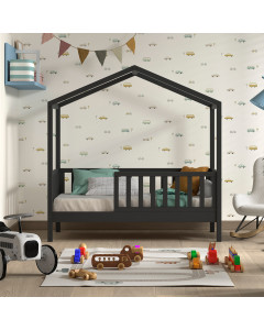Lit cabane 70x140 anthracite en bois massif avec barrière de sécurité, style maison, par Jaxx, disponible chez Jurassien.