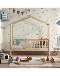 Lit cabane 70x140 en pin naturel avec barrière et sommier inclus, design enfant sécurisé - Jaxx, disponible chez le Jurassien.