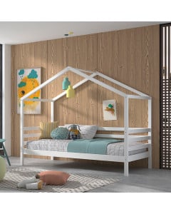 Lit cabane blanc 90x200 en bois massif avec barrière, style scandinave. Marque Jaxx, chez Le Jurassien.