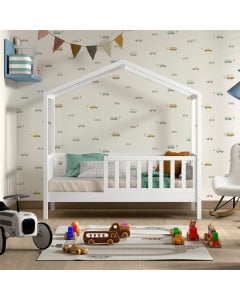 Lit cabane 70x140 blanc en bois massif avec barrière, style scandinave, marque Jaxx, disponible sur Jurassien