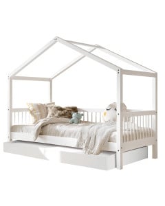 Lit cabane enfant blanc avec tiroir gigogne en hêtre massif Forrest par Vipack, disponible chez le Jurassien.