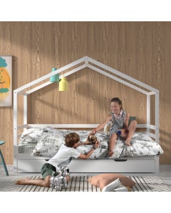 Lit cabane blanc Dallas avec tiroir et barrière en bois massif, 90x200 cm, design Jaxx, disponible chez Jurassien.