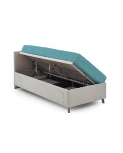 Lit enfant avec coffre de rangement intégré et revêtement matelassé beige