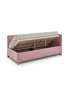 Lit fille 90x200 avec rangement intégré – tissu rose doux et design moderne