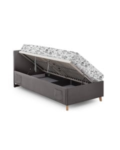 Lit enfant Meise Möbel 1 place avec coffre ouvert et matelas à motifs