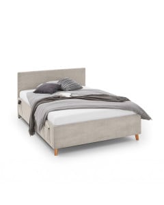 Lit 120x200 Meise Cool en tissu côtelé beige avec rangements latéraux et ports USB