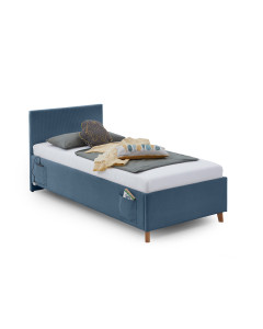 Lit 1 place 90x200 Meise Cool en tissu côtelé bleu avec ports USB et poches latérales