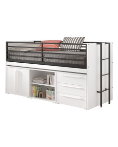 Lit mi-haut blanc Sam avec caissons de rangements et bureau extensible VIPACK – Multifonction, idéal pour chambre d'enfant. Découvrez-le chez le Jurassien.