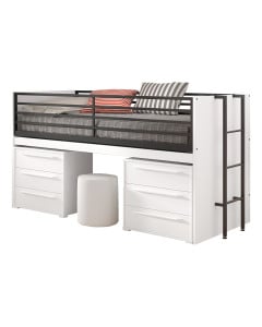 Lit mi-haut blanc avec caisson tiroirs, bureau extensible, marque Vipack - Disponible chez Jurassien pour un espace optimisé.