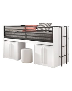 Lit mi-haut blanc avec caisson placard 2 portes et bureau déployable, design Sam optimisé - Disponible chez Jurassien, marque Vipack