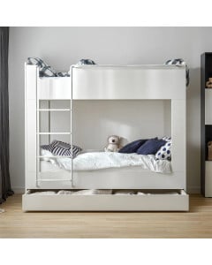 Lit superposé enfant RELI blanc mélaminé avec tiroir – Style moderne, disponible chez Jurassien – Marque Vox