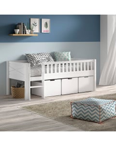 Lit surélevé blanc avec bacs de rangements Scott en bois massif par Vipack - Espace optimisé pour enfants - Disponible chez Jurassien