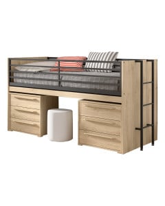 Lit surélevé avec bureau déployable et caissons commodes Sam de Vipack, idéal aménagement compact, disponible chez Le Jurassien