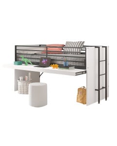Lit mi-hauteur blanc avec bureau extensible Sam, gain de place pour petits espaces et travail scolaire, disponible chez le Jurassien. Marque Vipack.
