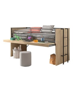 Lit surélevé avec bureau extensible Sam en bois foncé, gain de place optimal pour petites chambres. Disponible chez le Jurassien, marque Vipack.